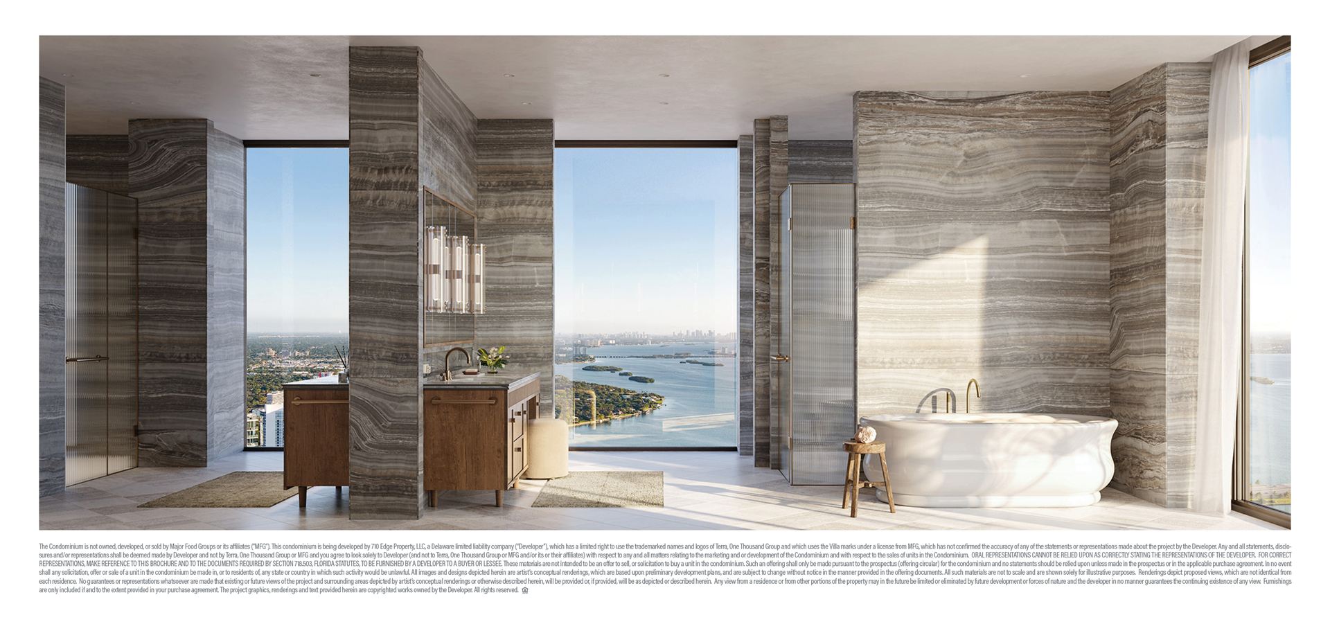 Villa Miami — Sala principal con vista a Biscayne Bay